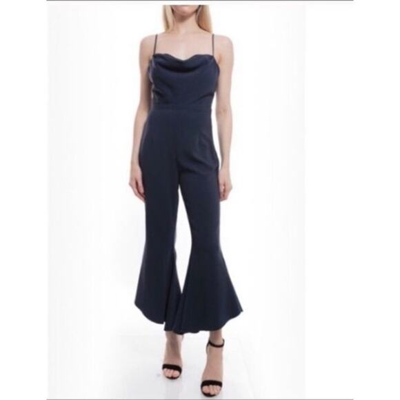 Likely Jumpsuit Women Size 4 Pasha Cropped Ruffle Flare Leg Spaghetti Strap Navy - Picture 14 of 14